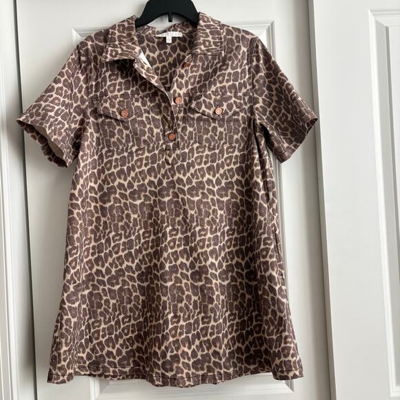 Karlie Leopard Denim Pocket Mini Dress Sz L Animal Print Short Sleeve Pullover - Picture 2 of 10